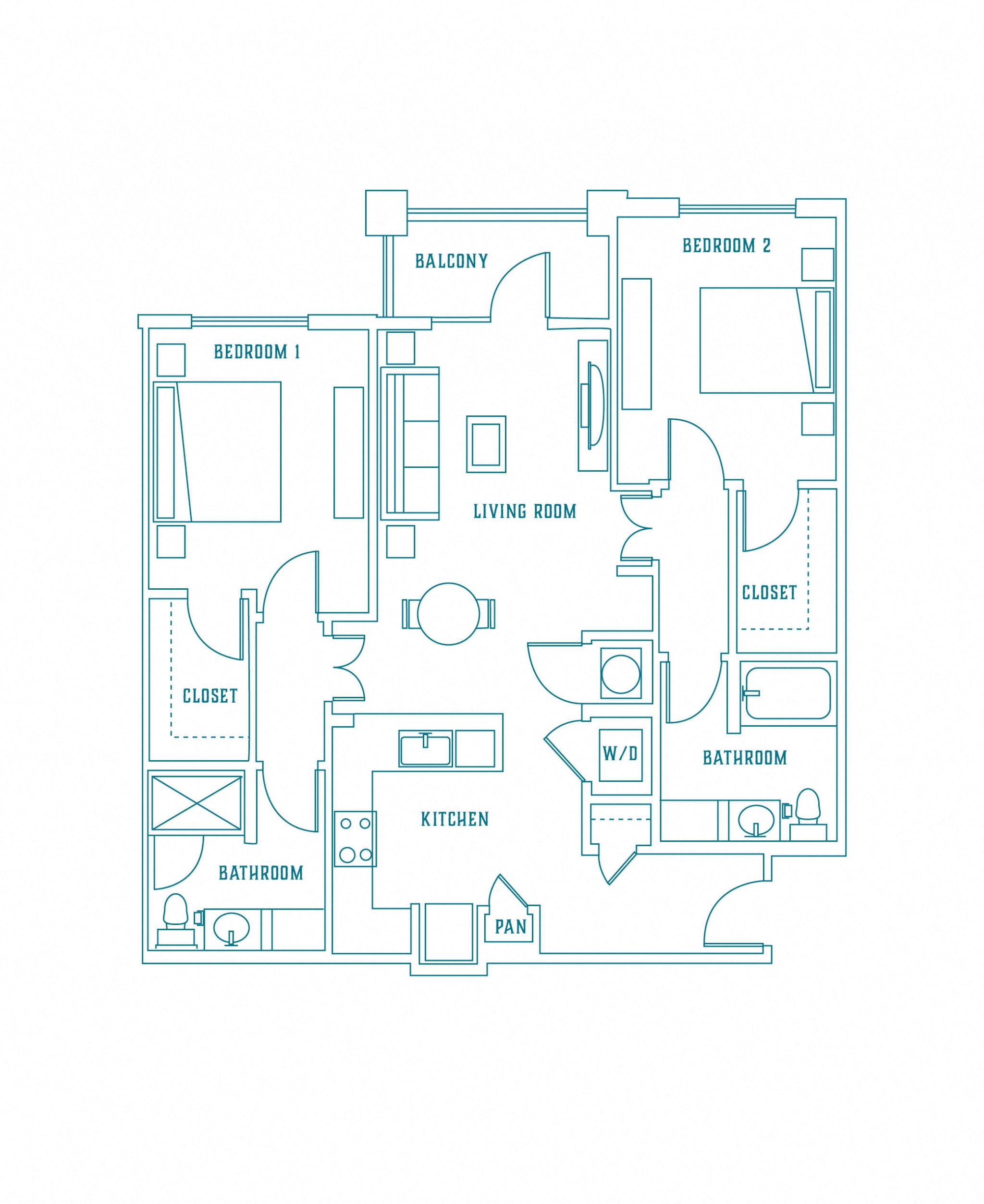 Floor plan for 2 beds, 2 baths, 1163 sqft